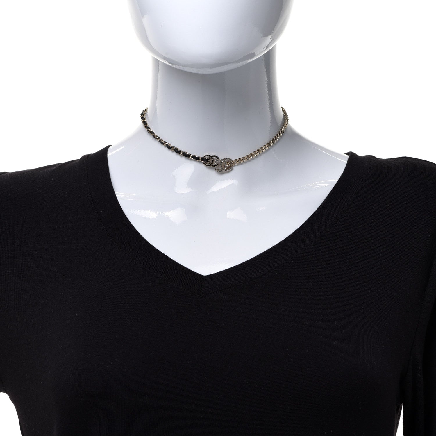 Chanel Metal Calfskin Crystal Double CC Short Necklace Black Gold 2 of 6