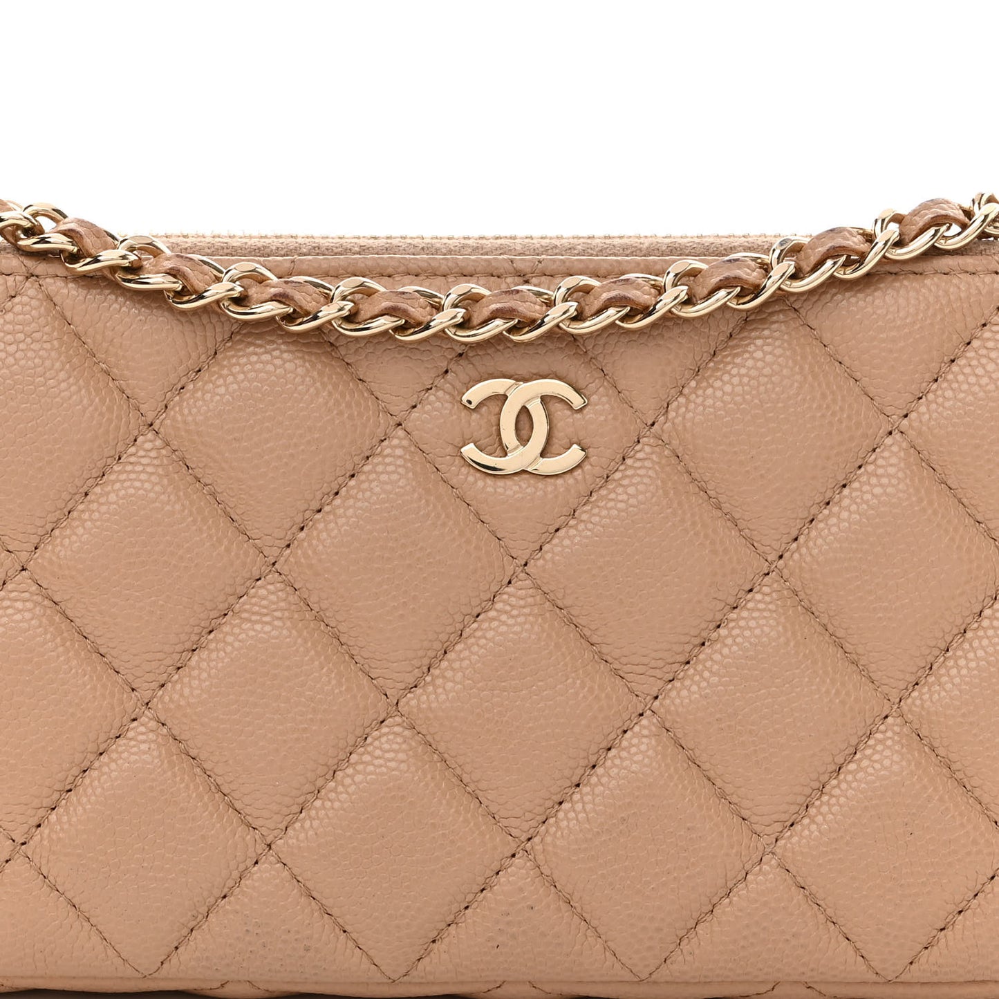 Caviar Quilted Small Clutch With Chain Beige