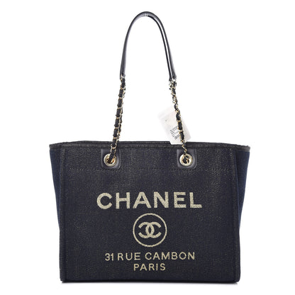 Chanel Lurex Canvas Small Deauville Tote Navy Blue Gold 1 of 10