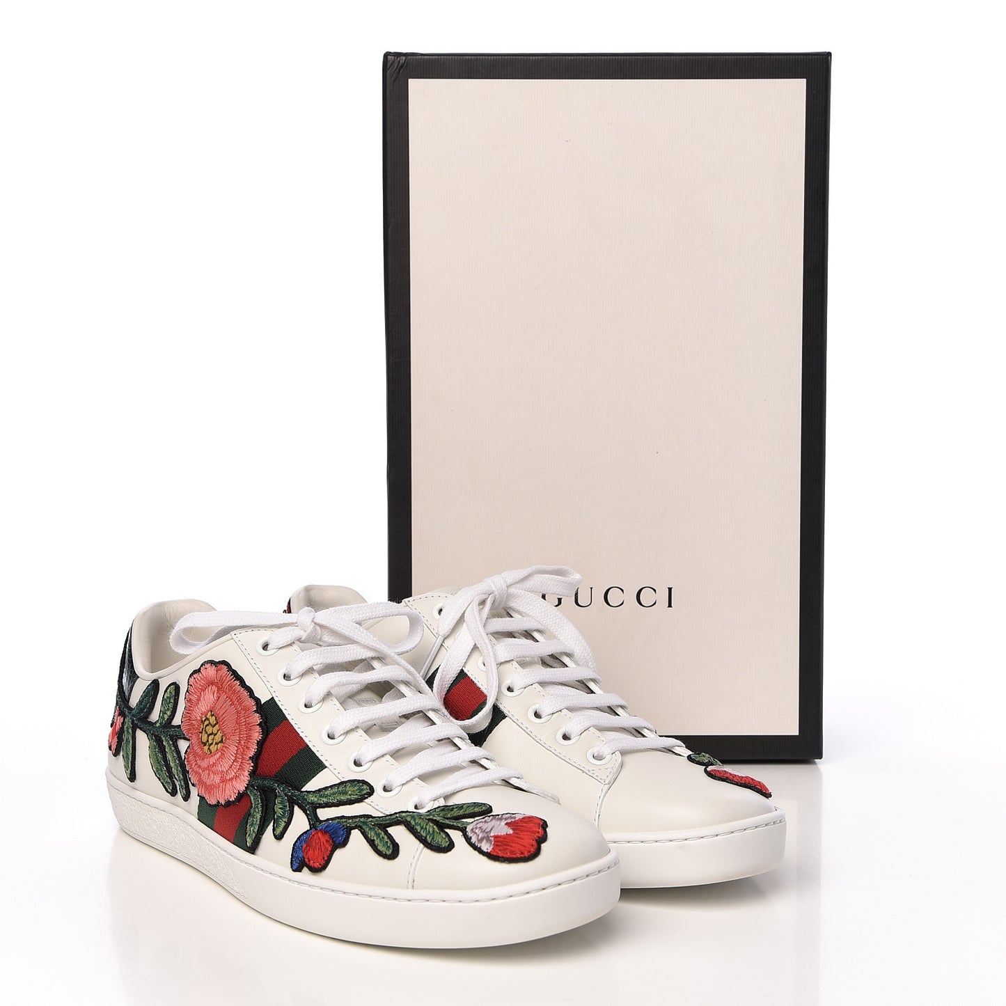 Calfskin Web Floral Embroidered Womens Ace Sneakers 37.5 White