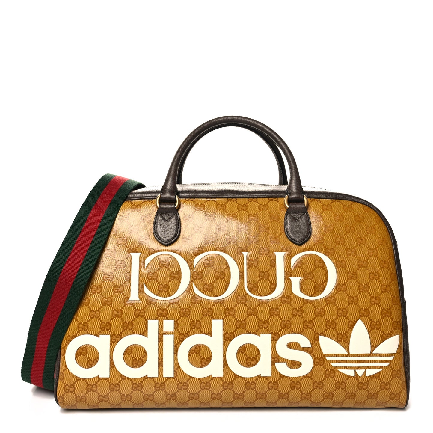 X ADIDAS Crystal Vintage Monogram Textured Dollar Calfskin Web Trefoil Logo Large Duffle Bag Mid Natural Nut Off White New Acero