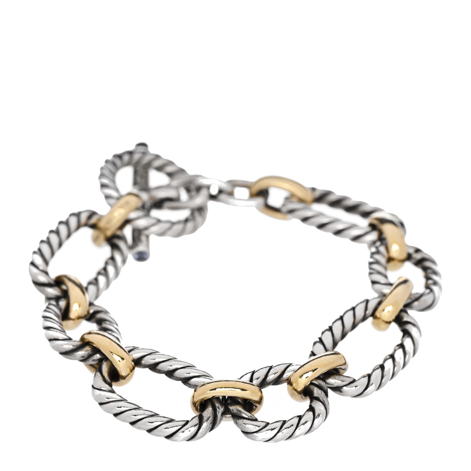 David Yurman Sterling Silver 18K Yellow Gold Blue Sapphire 12.5mm Cushion Link Bracelet 1 of 4