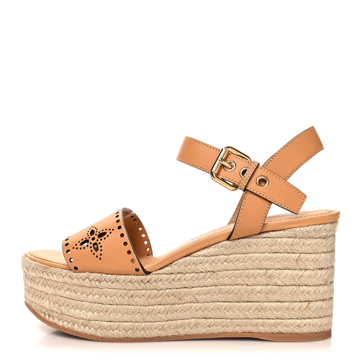 Calfskin Monogram Espadrille Wedge Sandals 38.5 Brown