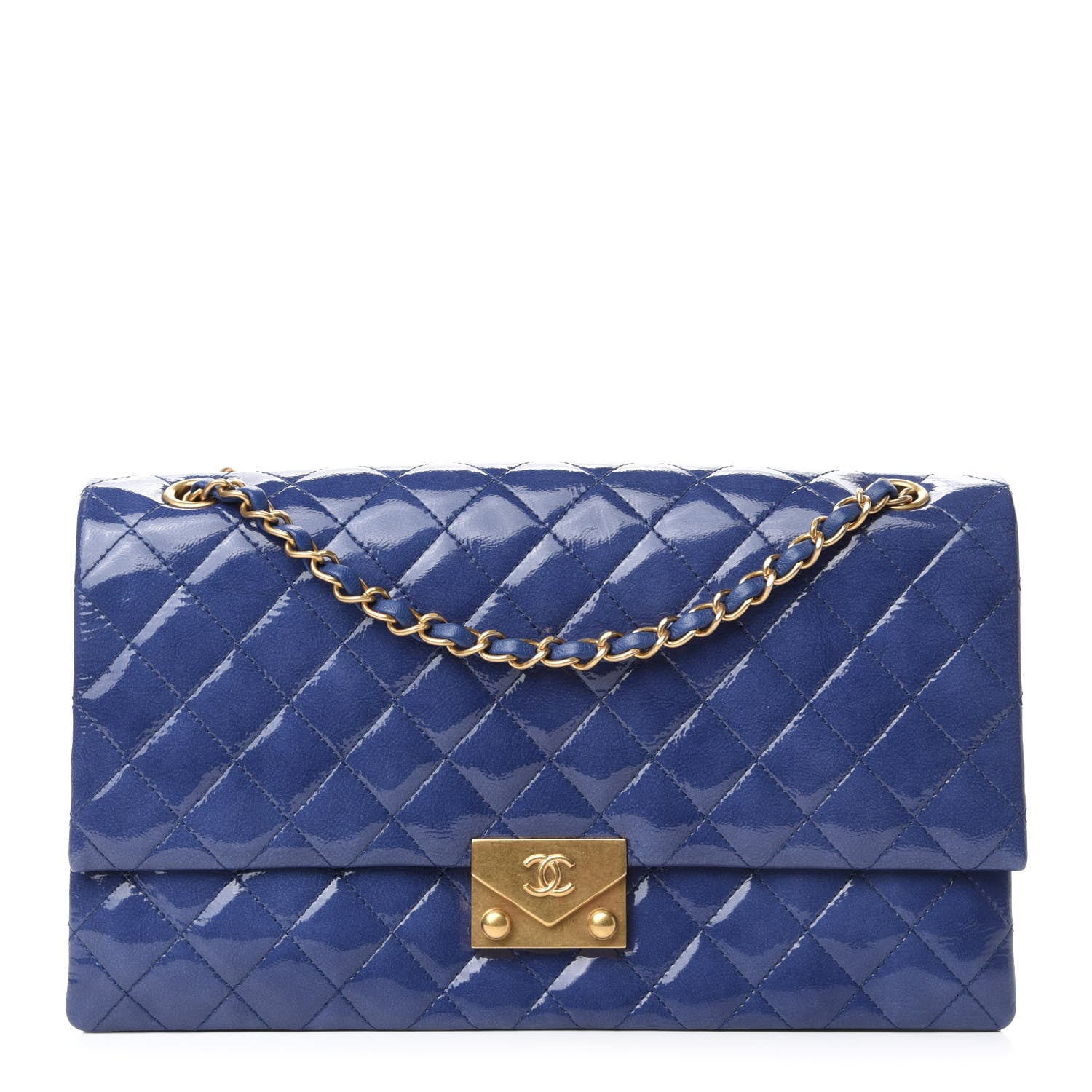 Chanel Patent Quilted 3 Pocket Accordion Flap Blue 1 of 10