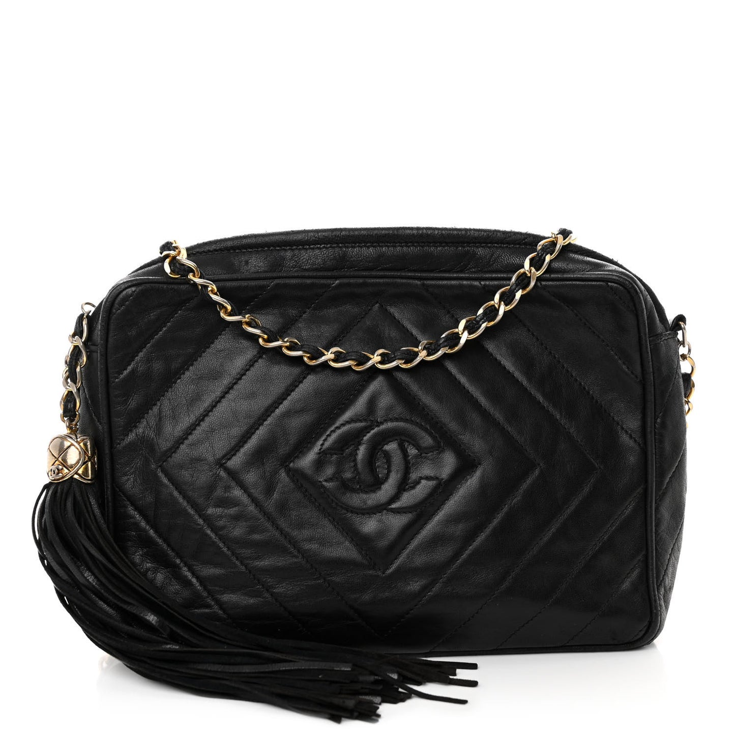 Lambskin Chevron Quilted Tassel Camera Case Black