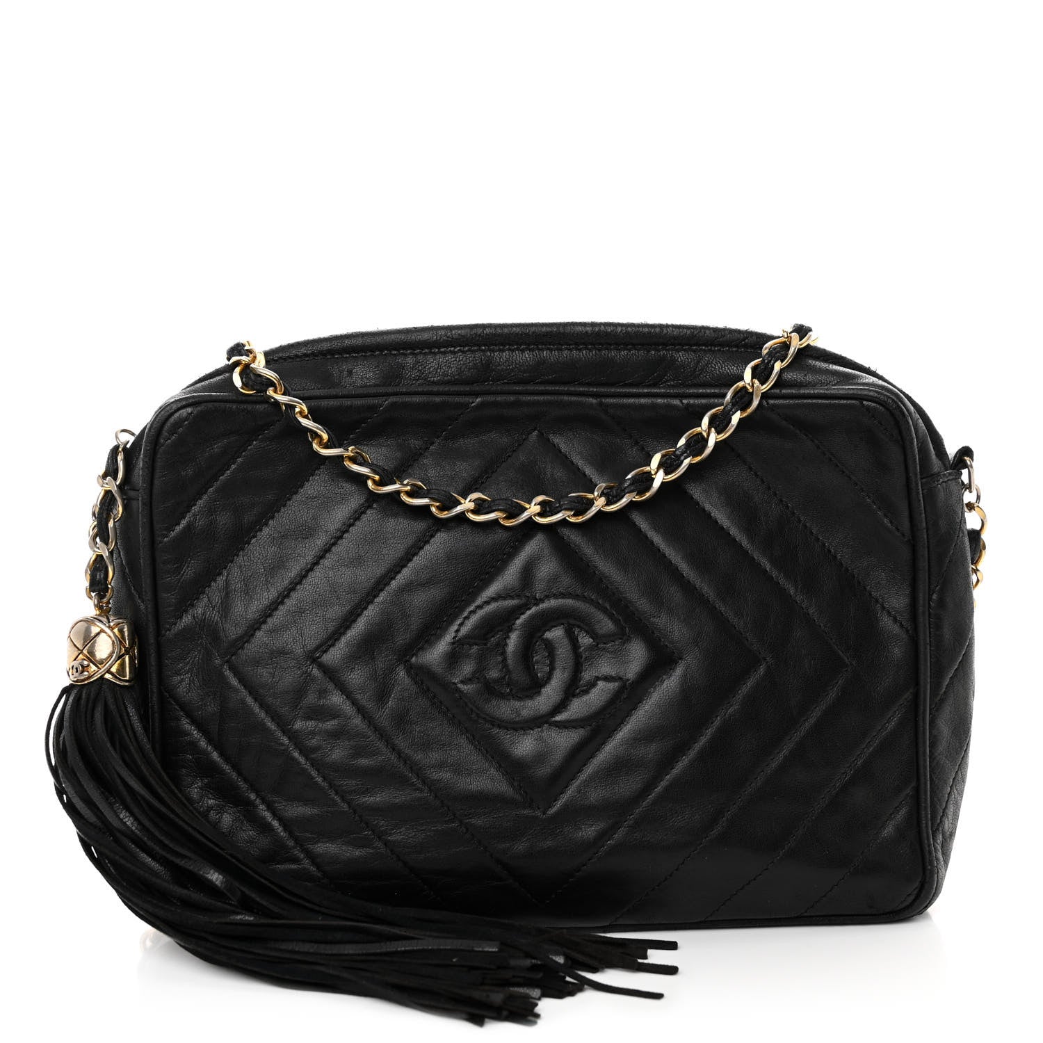 Chanel Lambskin Chevron Quilted Tassel Camera Case Black 1 of 11