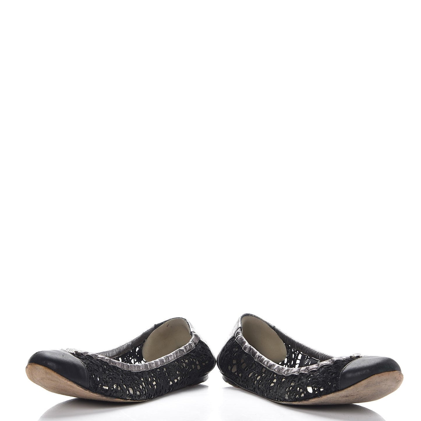 Metallic Calfskin Lace Pearl CC Cap Toe Elastic Ballerina Flats 37.5 Black
