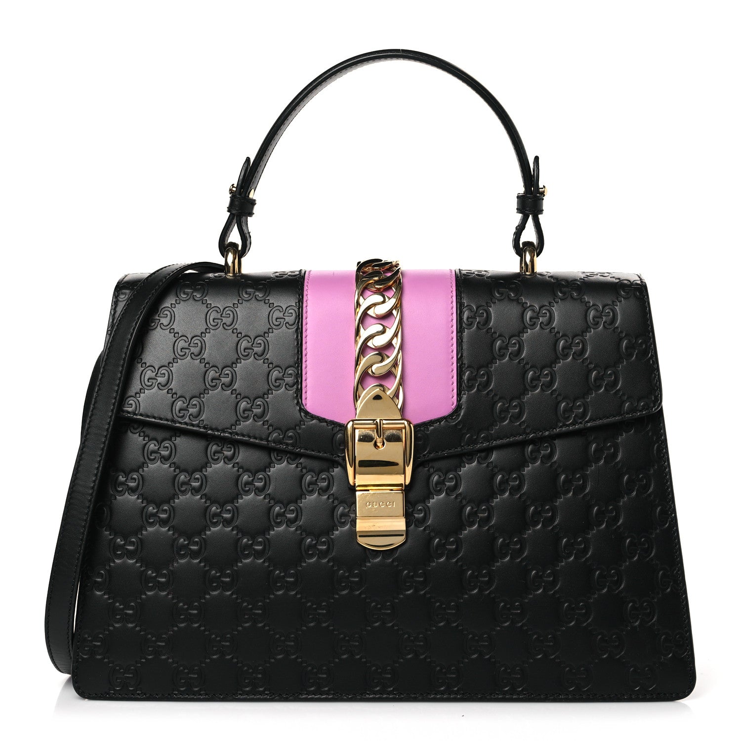 Gucci Guccissima Medium Sylvie Top Handle Bag Black Pink 1 of 9