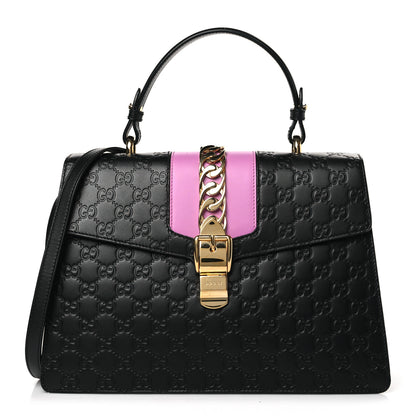 Gucci Guccissima Medium Sylvie Top Handle Bag Black Pink 1 of 9
