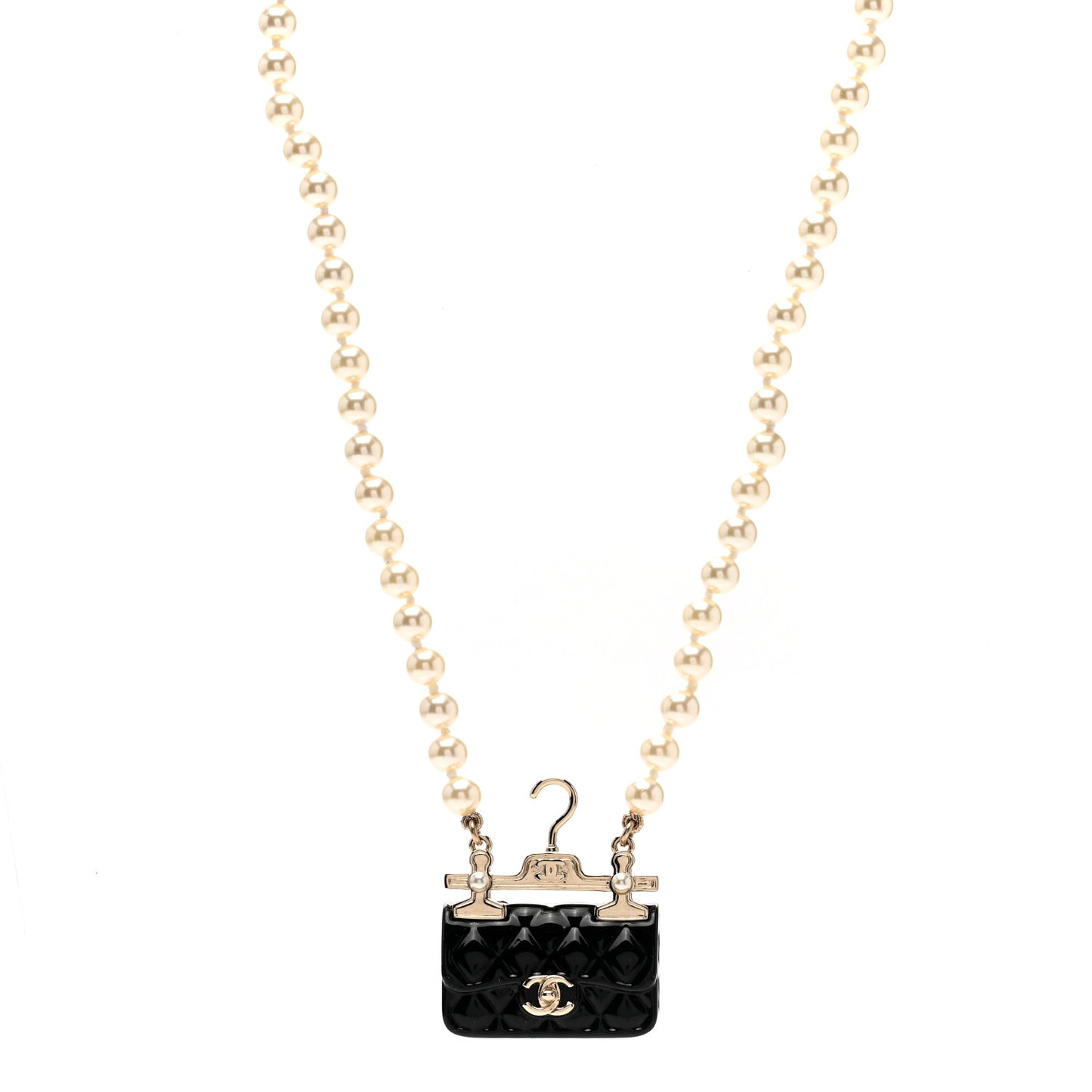 Pearl Metal Resin Quilted Flap Bag Necklace Gold Black Pearly White