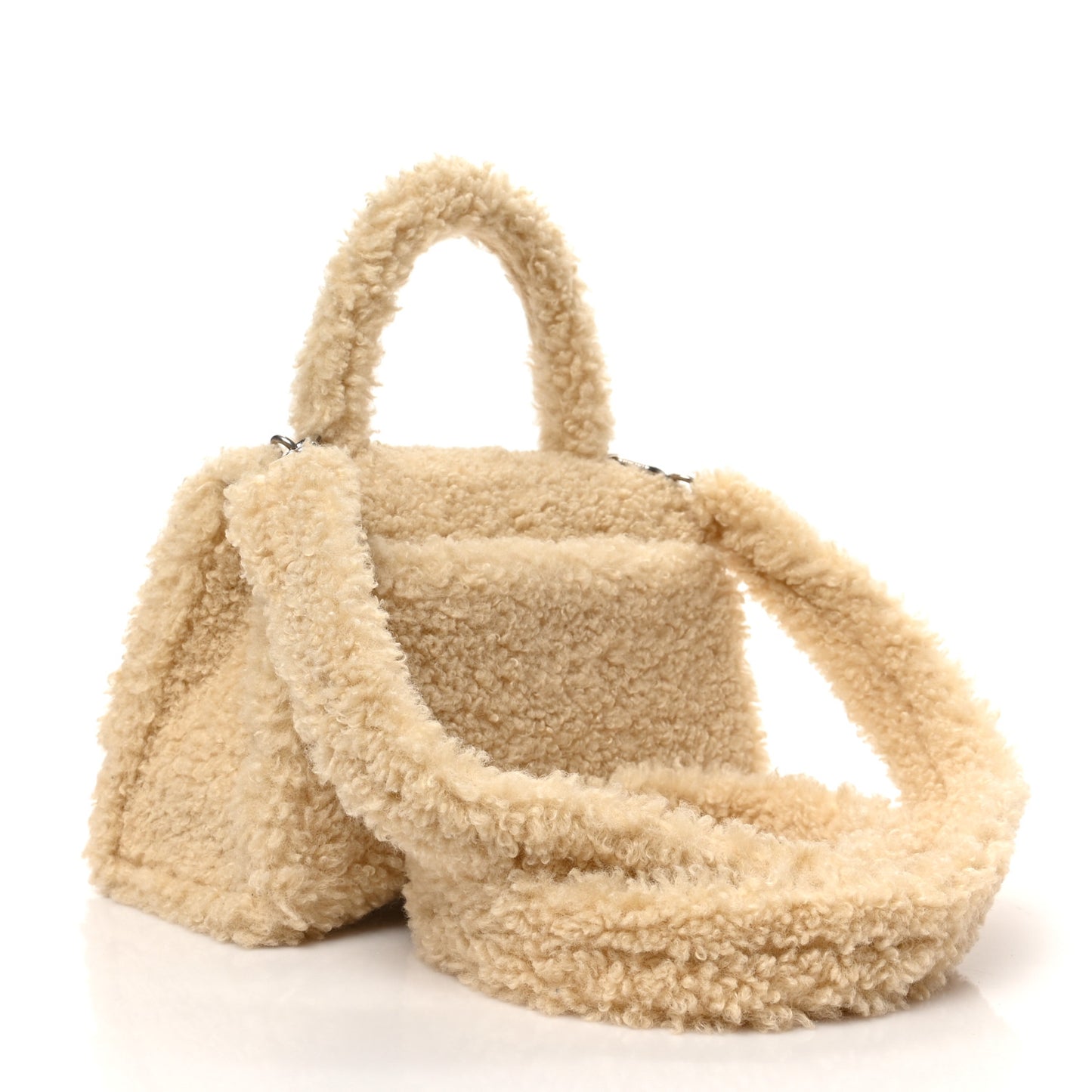 Curly Faux Shearling Small Hourglass Top Handle Bag Beige