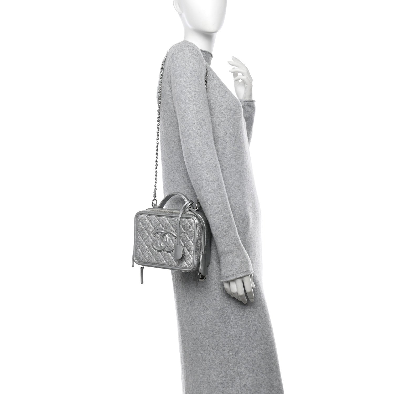 Chanel Metallic Caviar Quilted Medium CC Filigree Vanity Case Silver 2 of 10