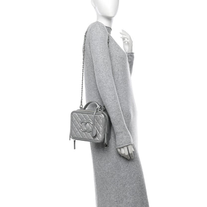 Chanel Metallic Caviar Quilted Medium CC Filigree Vanity Case Silver 2 of 10