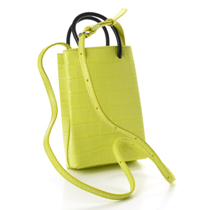 Balenciaga Calfskin Crocodile Embossed Logo Shopping Phone Holder Bag Lime 3 of 9