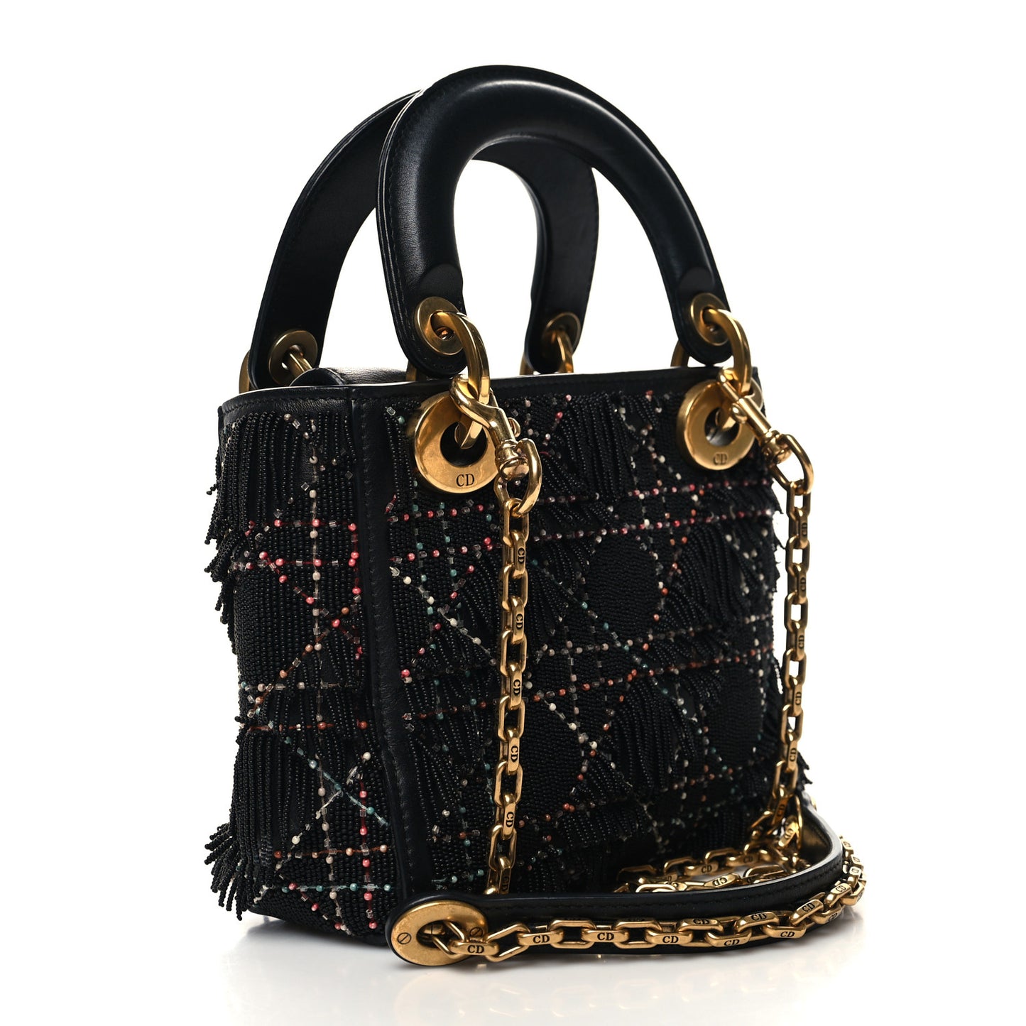 Lambskin Beaded Fringe Mini Lady Dior Black Multicolor