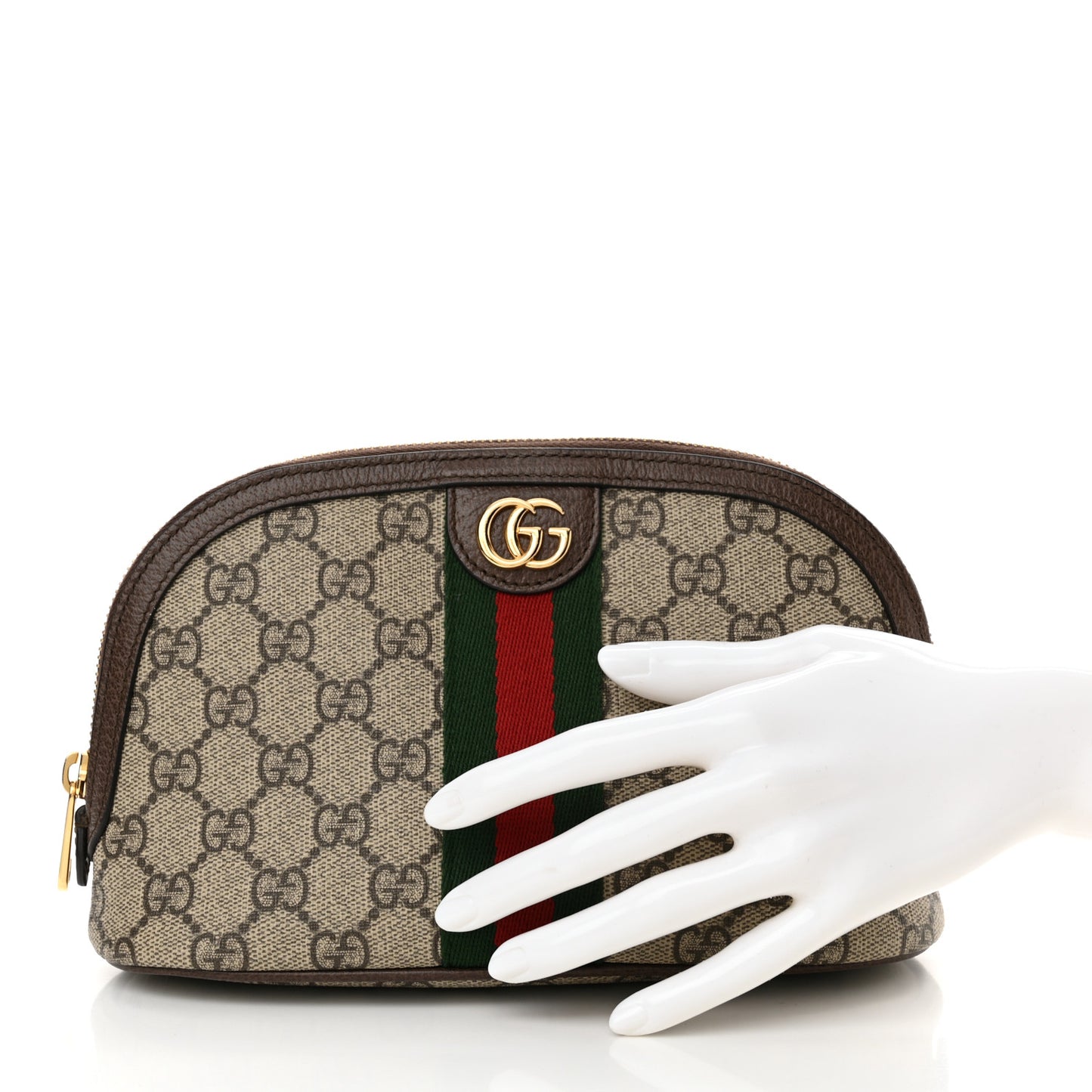 GG Supreme Monogram Textured Calfskin Web Large Ophidia Cosmetic Case Beige Ebony New Acero