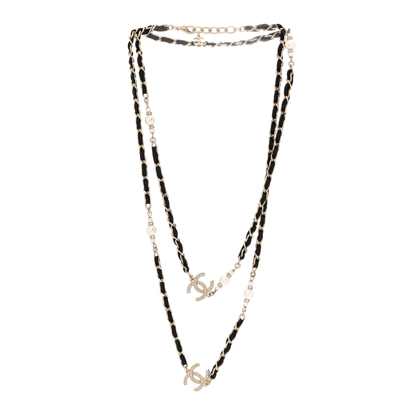 Lambskin Pearl CC Long Chain Necklace Black Gold