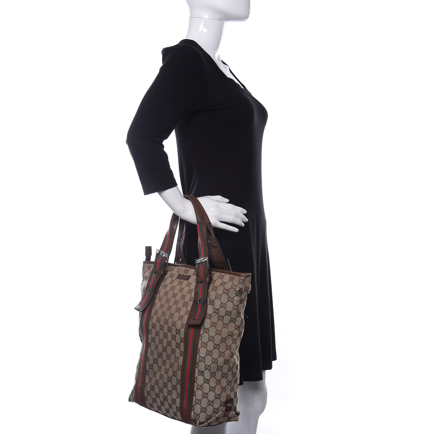GG Monogram Medium Web Handle Vertical Tote Bag Dark Brown