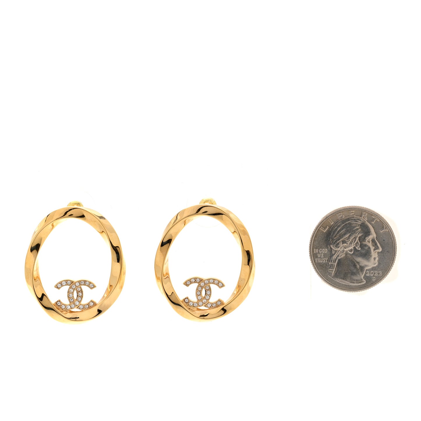 Metal Crystal Studded CC Round Earrings Gold