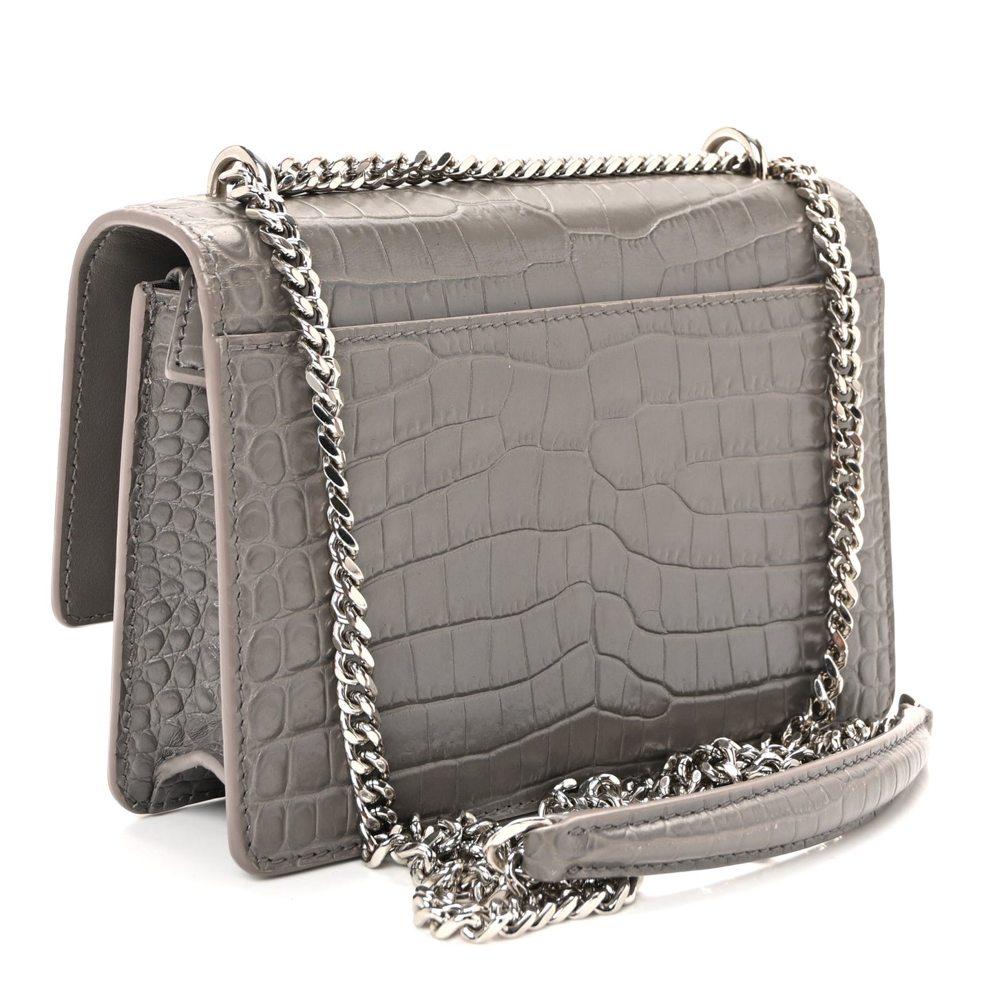 Calfskin Crocodile Embossed Monogram Sunset Chain Wallet Grey