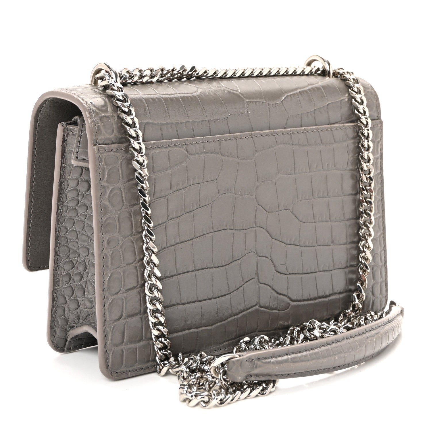 Saint Laurent Calfskin Crocodile Embossed Monogram Sunset Chain Wallet Grey 4 of 17