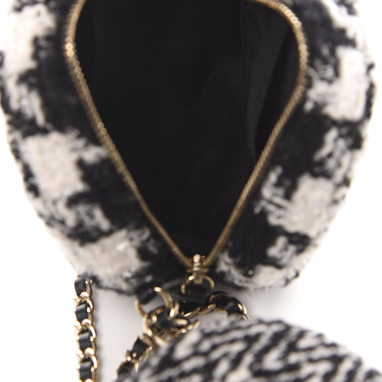 Tweed Shearling Round Clutch With Chain and Coin Purse Black and White
