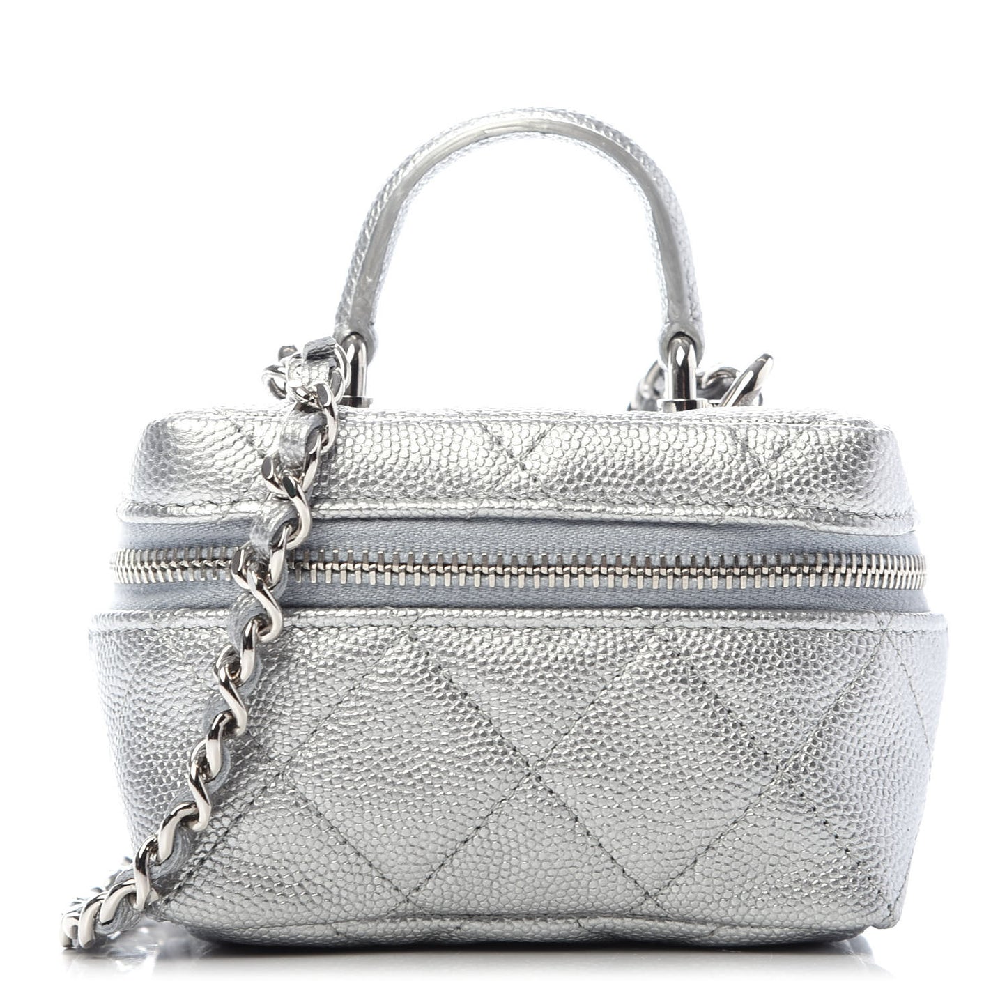 Metallic Caviar Quilted Mini Top Handle Vanity With Chain Silver