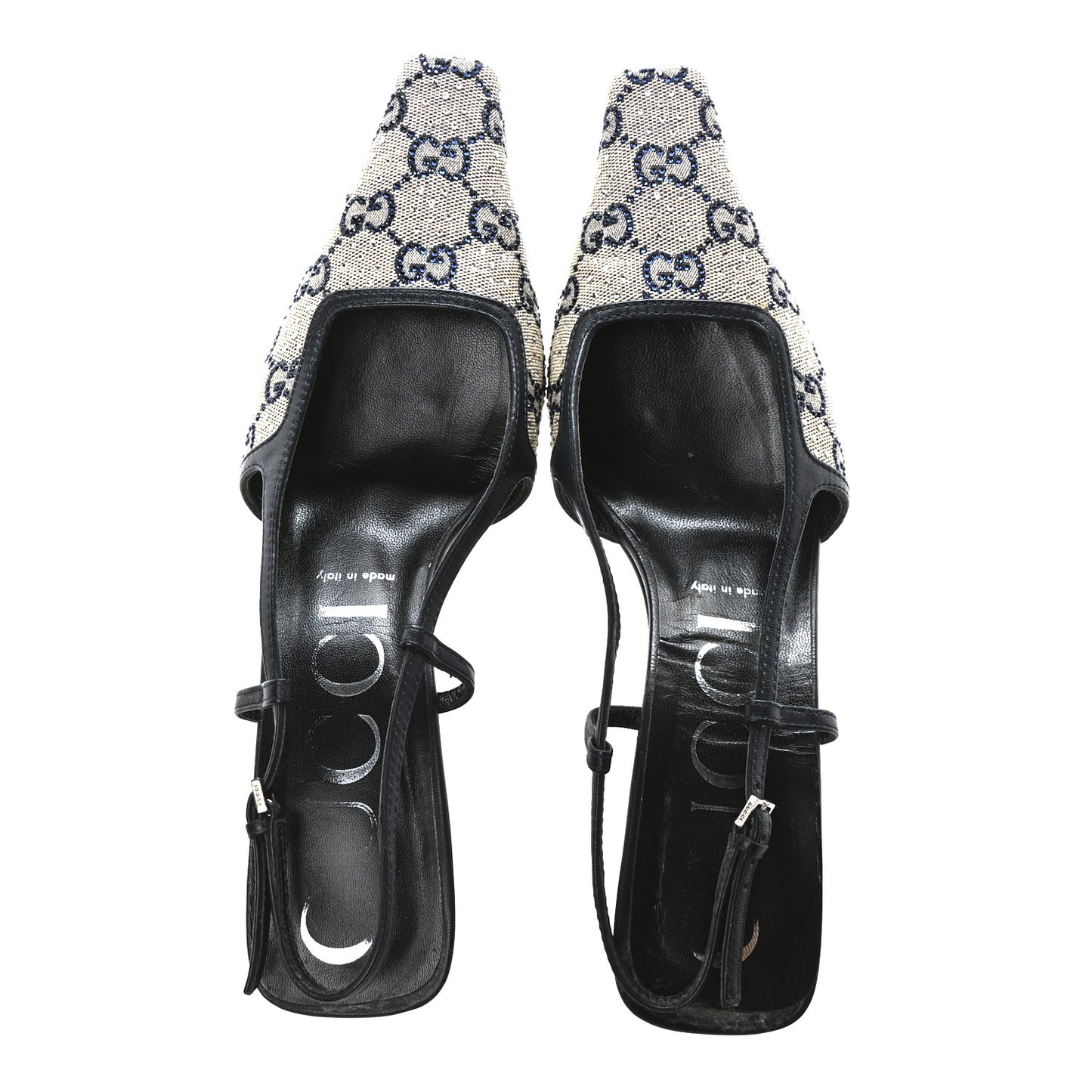 GG Monogram Malaga Kid Crystal Square G 75mm Slingback Pumps 39.5 Beige Blue