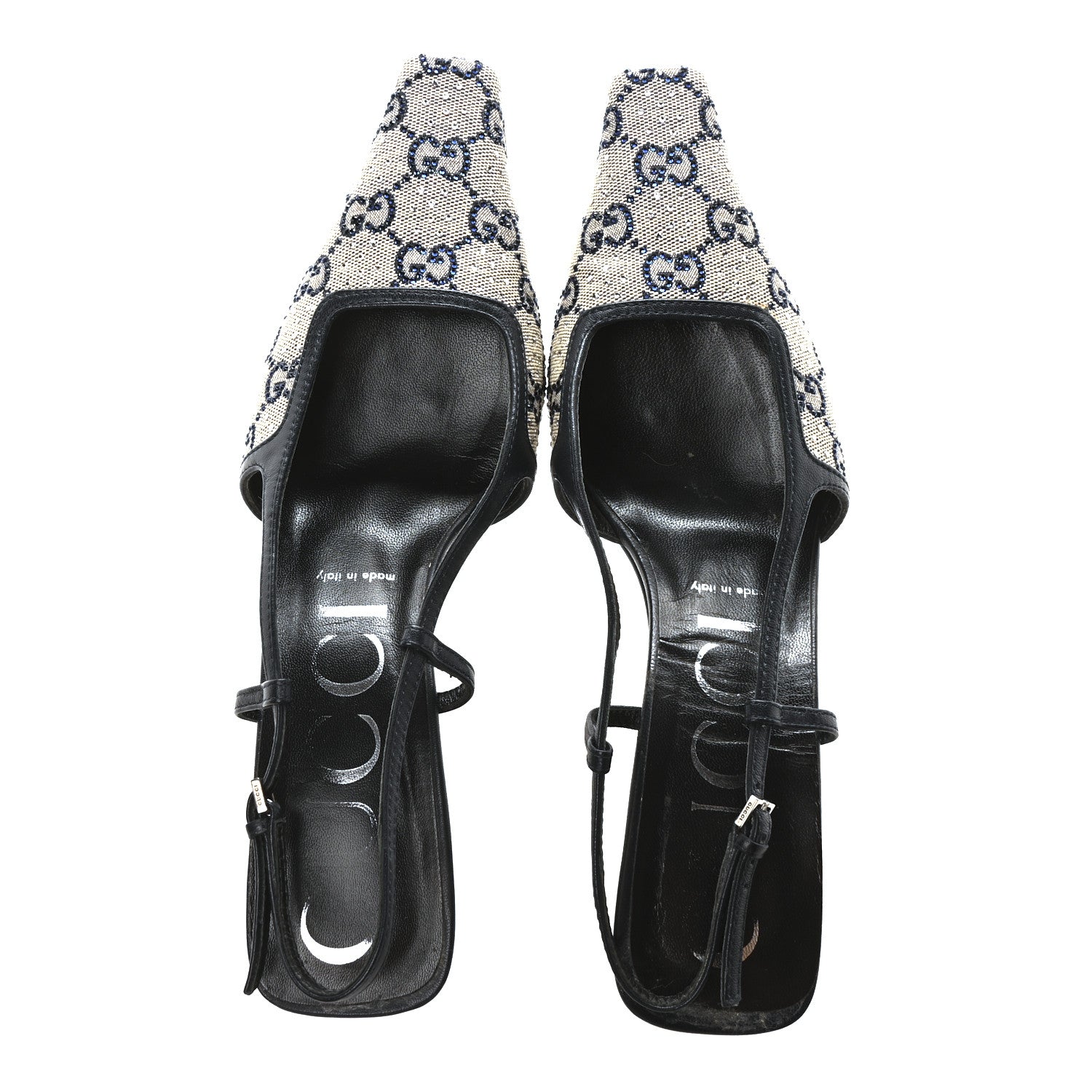Gucci GG Monogram Malaga Kid Crystal Square G 75mm Slingback Pumps 39.5 Beige Blue 2 of 9
