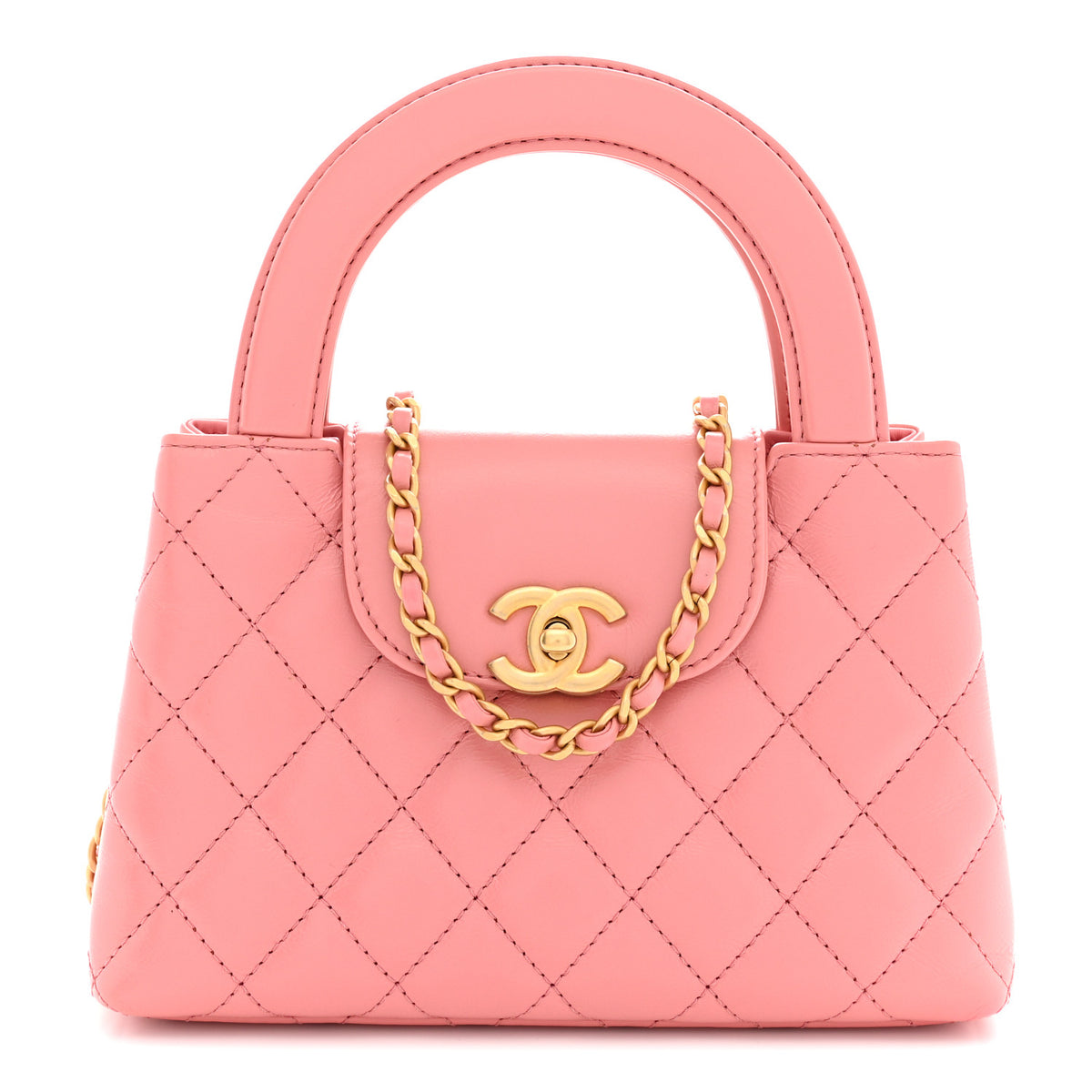 Shiny Aged Calfskin Quilted Nano Kelly Shopper Coral Pink