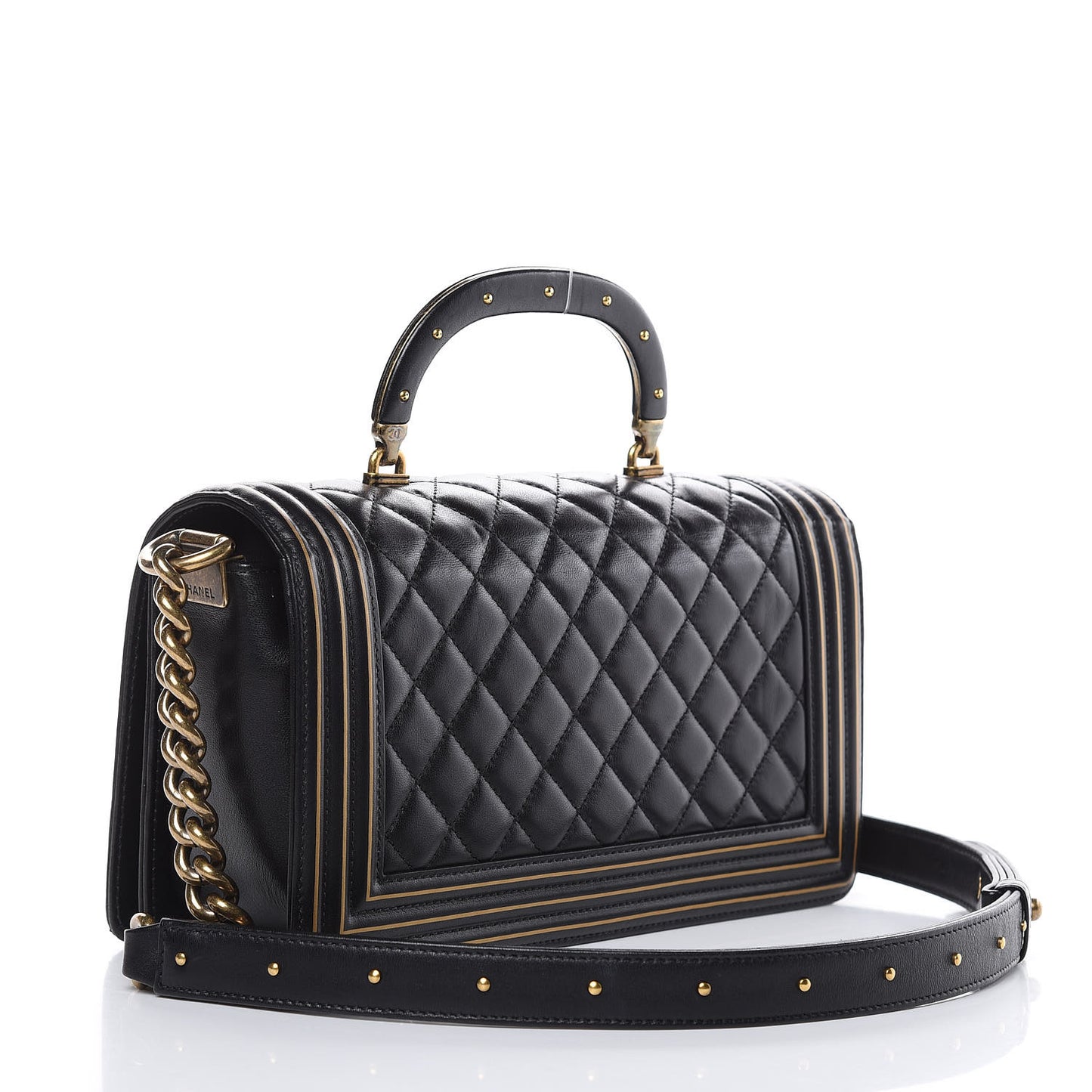 Lambskin Quilted Medium Boy Studded Handle Flap Black Gold