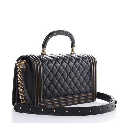 Chanel Lambskin Quilted Medium Boy Studded Handle Flap Black Gold 3 of 12