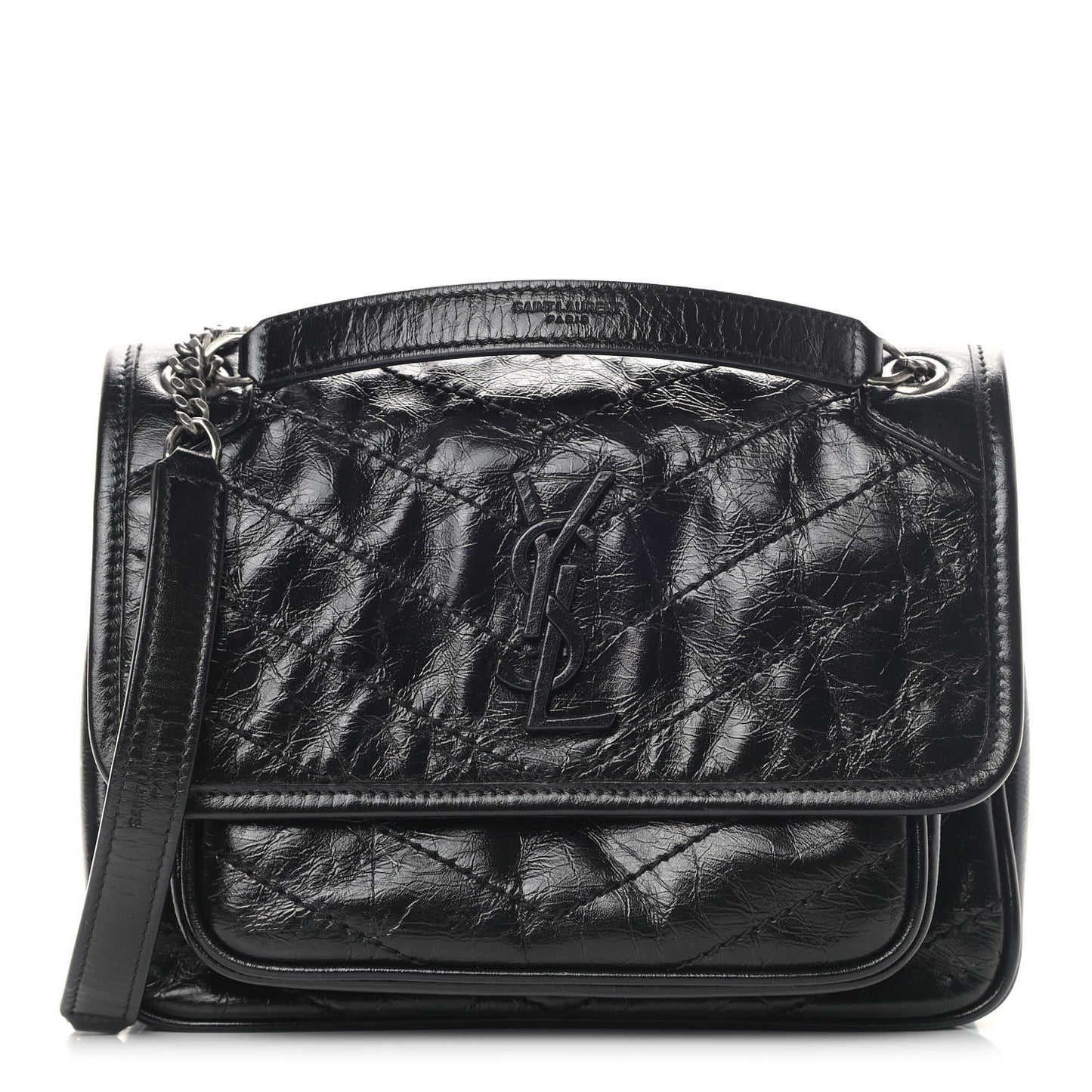 Crinkled Calfskin Matelasse Monogram Baby Niki Chain Satchel Black