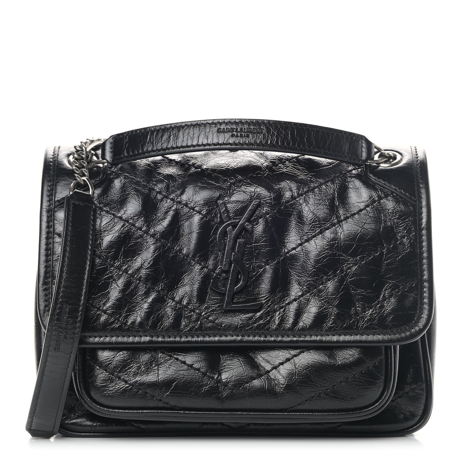 Saint Laurent Crinkled Calfskin Matelasse Monogram Baby Niki Chain Satchel Black 1 of 8