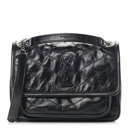 Saint Laurent Crinkled Calfskin Matelasse Monogram Baby Niki Chain Satchel Black 1 of 8