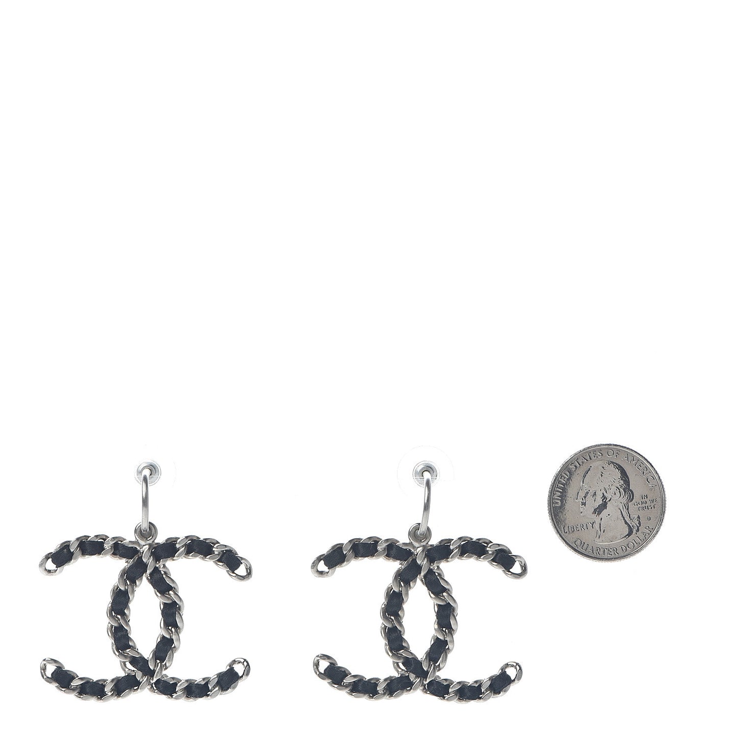 Satin CC Chain Earrings Silver Black
