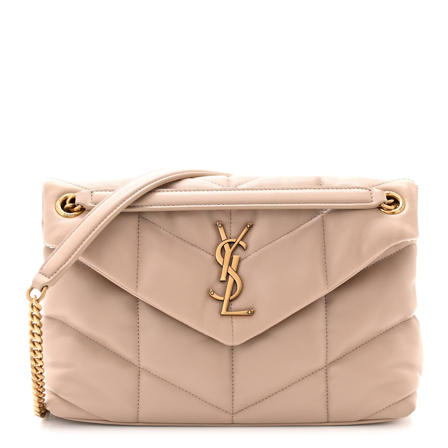 Saint Laurent Lambskin Quilted Small Loulou Puffer Monogram Chain Satchel Dark Beige 1 of 10