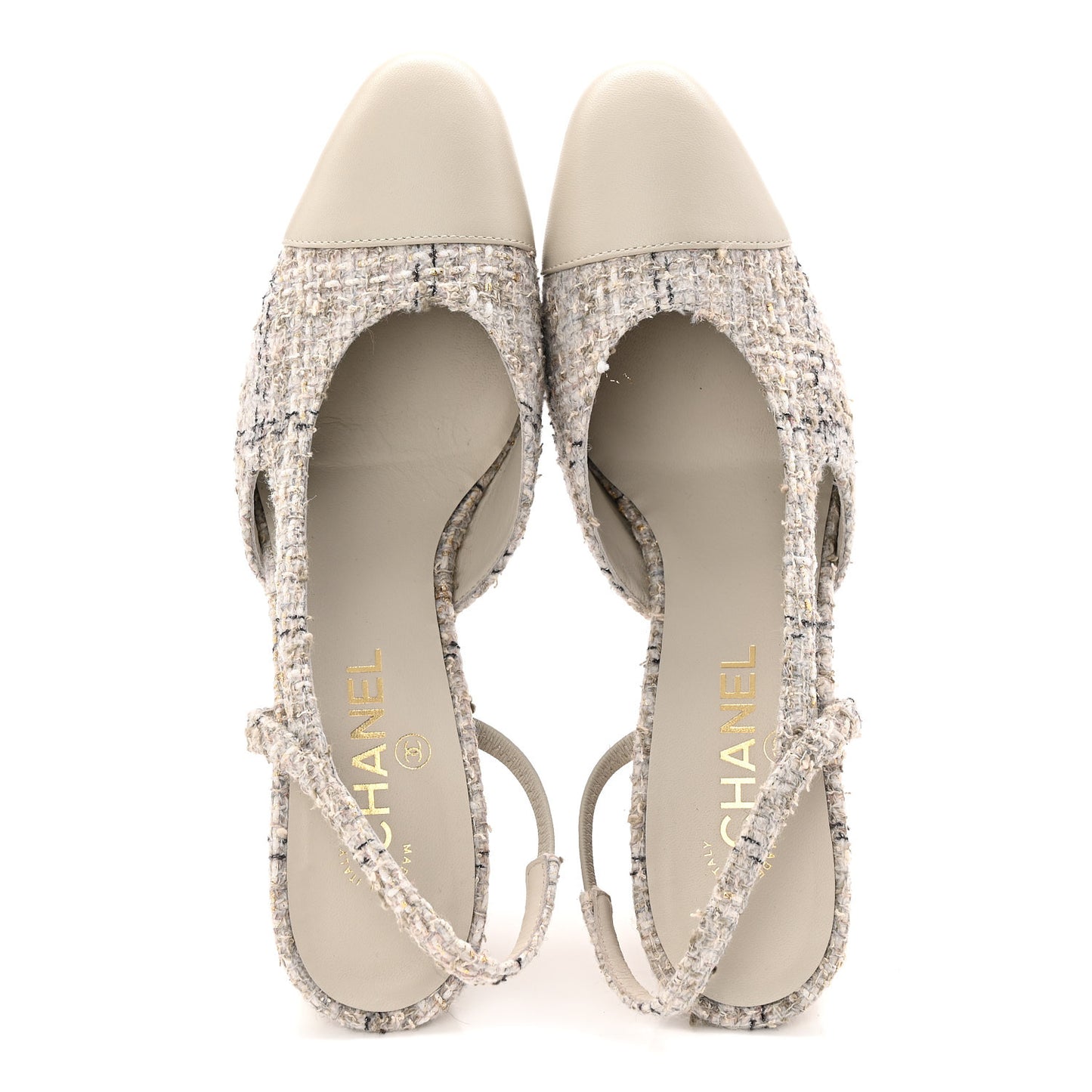 Wool Cotton Tweed Lambskin Cap Toe CC Slingback Pumps 39.5 Grey Black Gold
