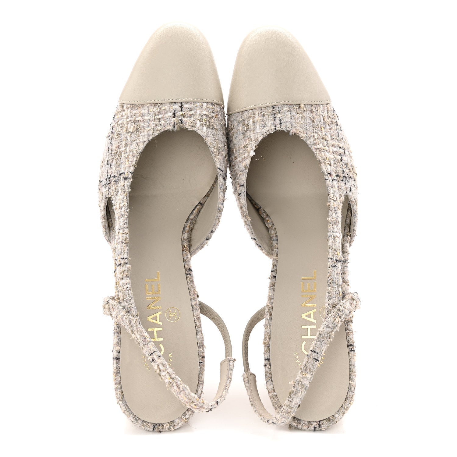 Chanel Wool Cotton Tweed Lambskin Cap Toe CC Slingback Pumps 39.5 Grey Black Gold 2 of 10