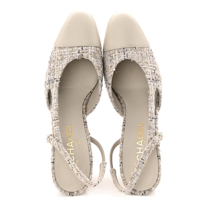 Chanel Wool Cotton Tweed Lambskin Cap Toe CC Slingback Pumps 39.5 Grey Black Gold 2 of 10