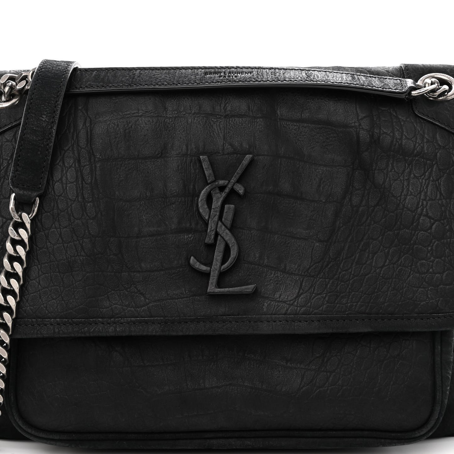Nubuck Crocodile Embossed Monogram Medium Niki Chain Satchel Black