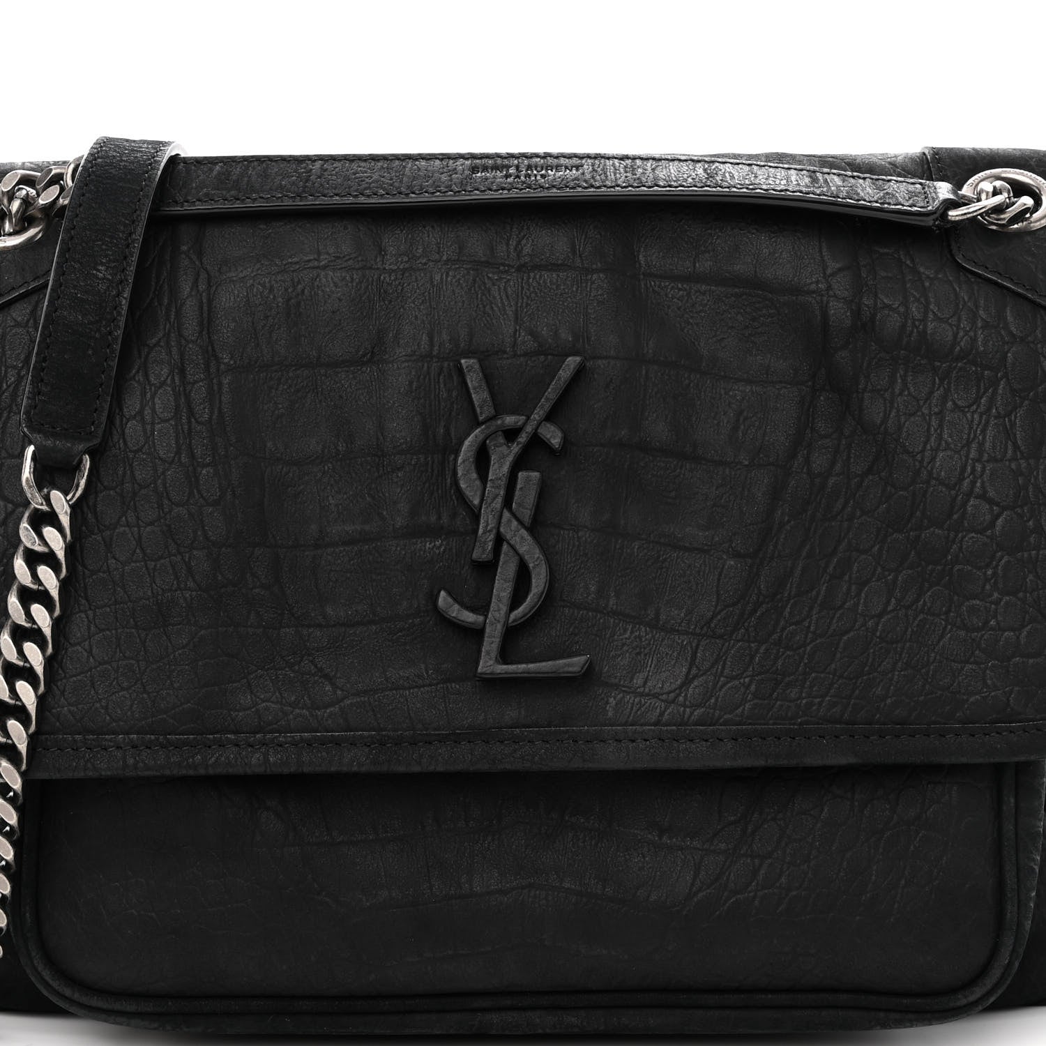 Saint Laurent Nubuck Crocodile Embossed Monogram Medium Niki Chain Satchel Black 7 of 10