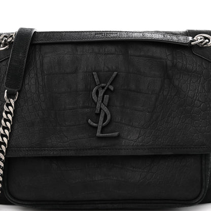 Saint Laurent Nubuck Crocodile Embossed Monogram Medium Niki Chain Satchel Black 7 of 10