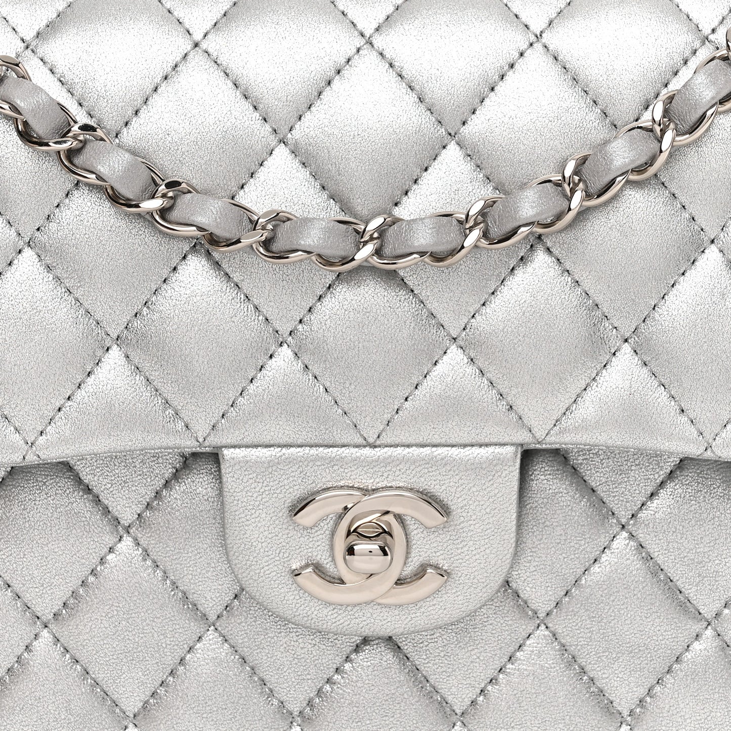 Metallic Lambskin Quilted Medium Double Flap Silver