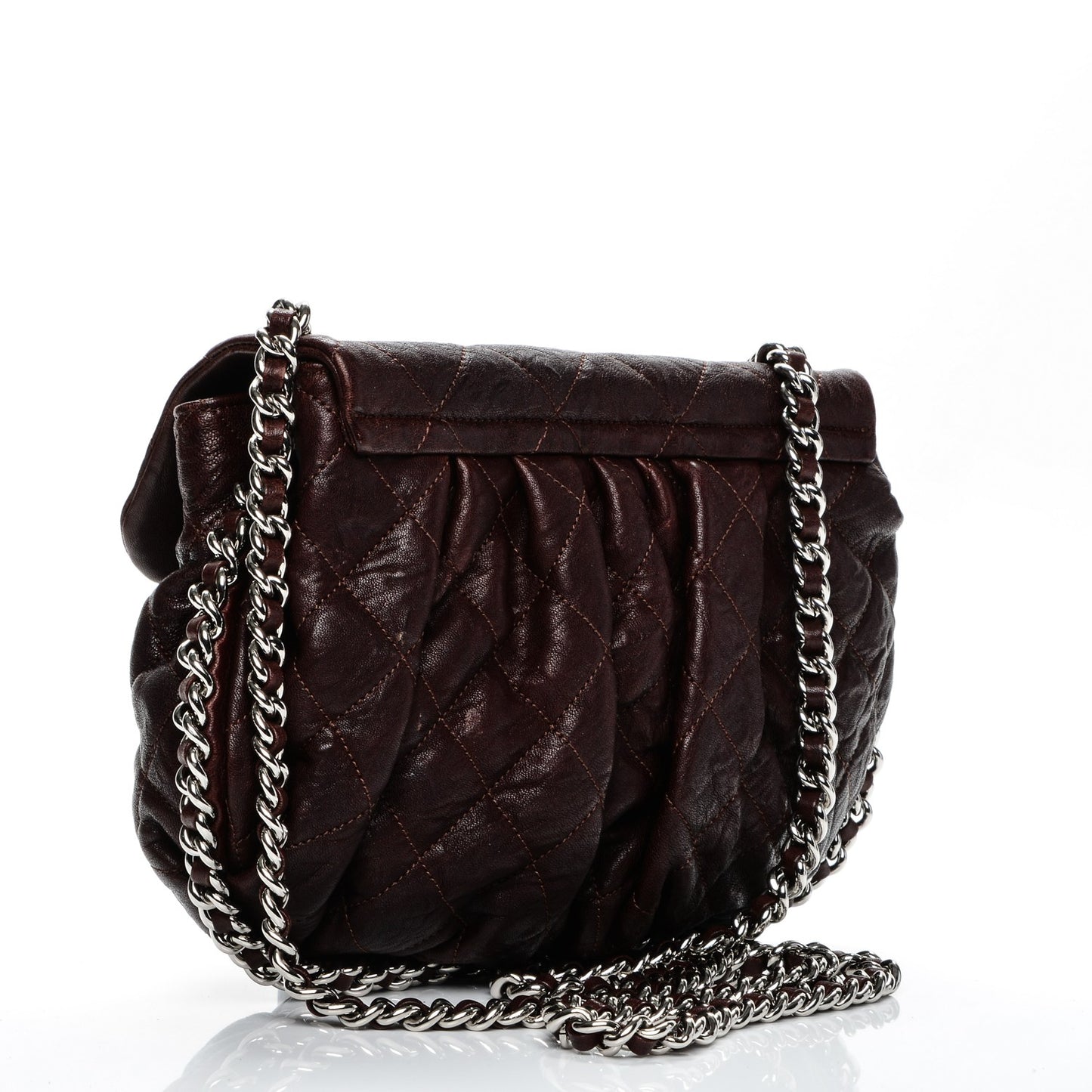 Crumpled Lambskin Quilted Medium Chain Around Flap Dark Brown