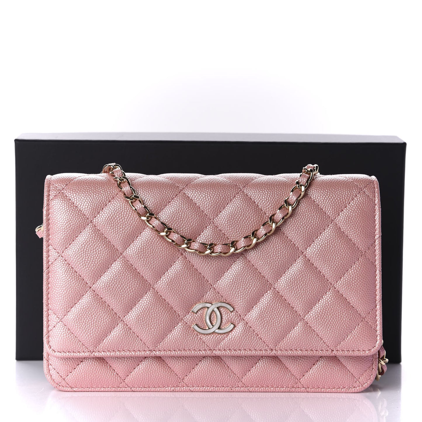 Iridescent Caviar Quilted Wallet on Chain WOC Pink