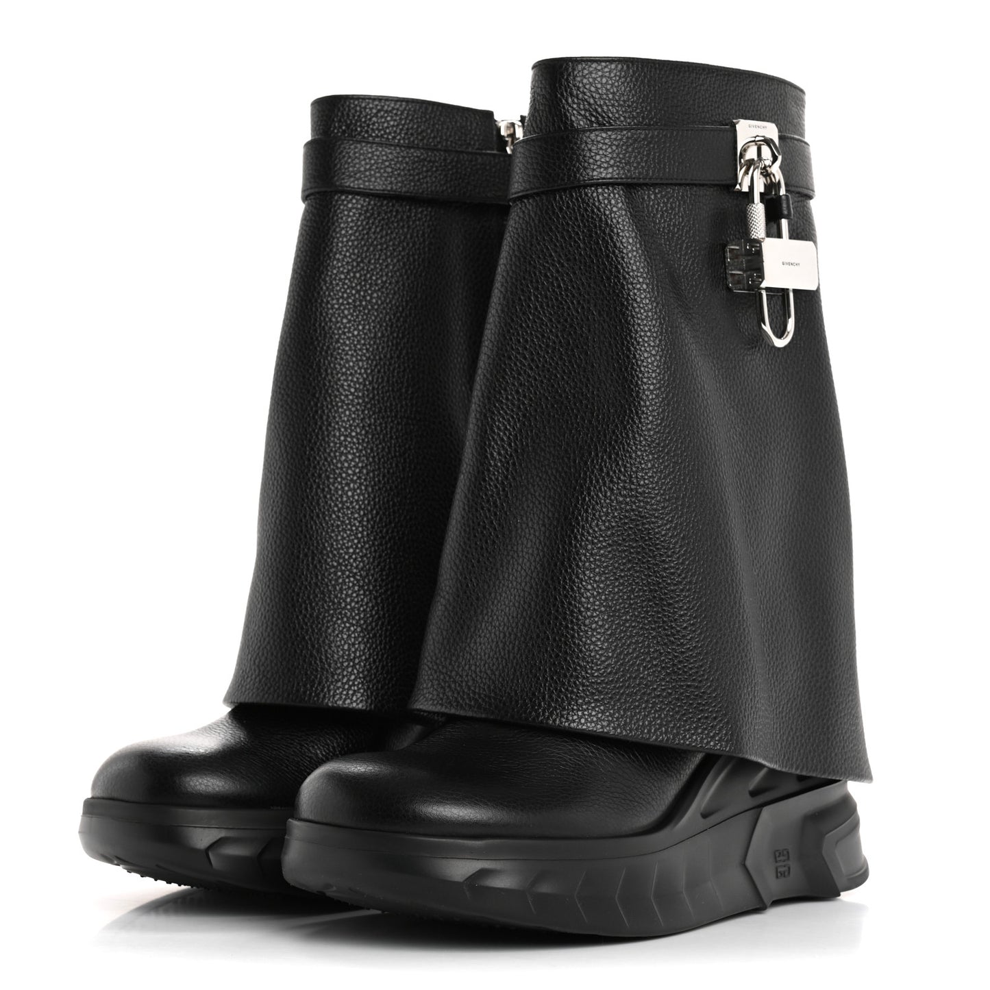 Grained Calfskin Shark Lock Biker Ankle Boots 37 Black