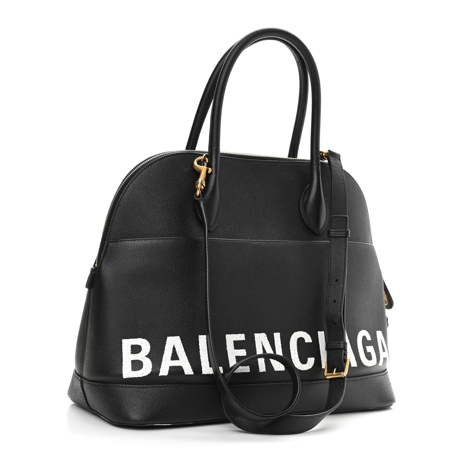 Signature Grained Calfskin Logo M Ville Top Handle Bag Black