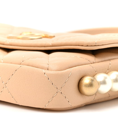 Chanel Calfskin Quilted Maxi Pearls Card Holder Flap With Chain Beige 8 of 9