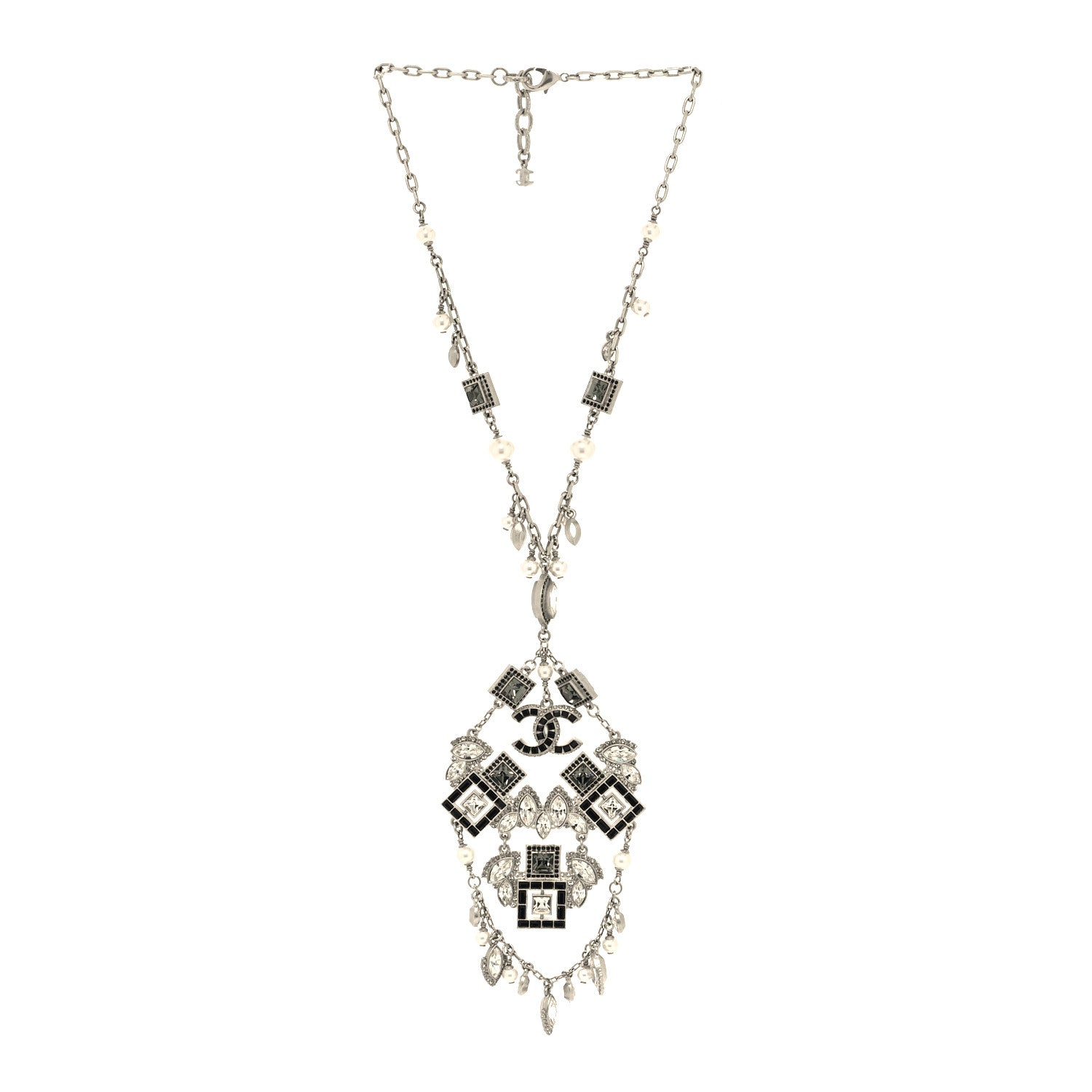 Chanel Baguette Crystal Pearl CC Pendant Necklace Silver Black 3 of 5